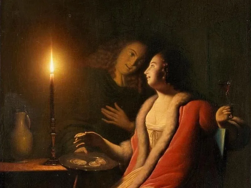 1806-Petrus van Schendel - Giovane coppia a lume di candela con ostriche
